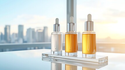Three elegant dropper bottles on a reflective surface with a city skyline blurred in the background, capturing a modern aesthetic.