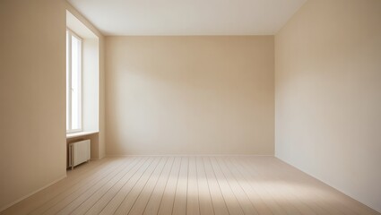 Minimalist beige empty room with large window and wooden floor