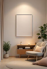 a gray armchair with a white throw blanket, a wooden side table with a vase and a candle, a potted plant, and a blank white picture frame on the wall. Cozy modern living room with photo frame design