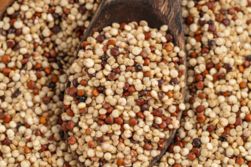 Close-up of mixed quinoa seeds in a wooden spoon, showcasing white, red, and black grains, perfect for healthy food and nutrition concepts.
