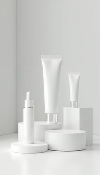 Mockup of Cosmetic Packaging. Cosmetic packaging display featuring three white tubes on a sleek white background. Cosmetic mockup, beauty product display, minimalist design, branding promotion. 

