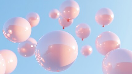 Pink balloons float against a clear blue sky, celebratory,  for event invitations