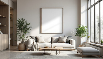 a large window, a white sofa with two throw pillows, a coffee table, and two potted plants. Cozy modern living room with photo frame design