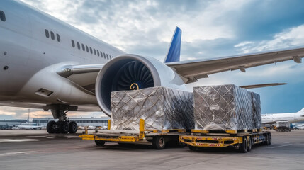 Air cargo logistic containers are loading to an airplane