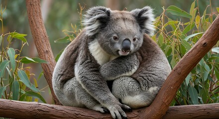 Naklejka premium Adorable Koala Hugging on Eucalyptus Branch