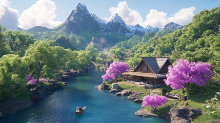 Fototapeta premium Serene Mountain Lake House with Blooming Cherry Trees
