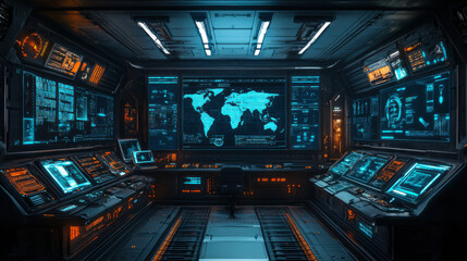 Obraz premium Military Surveillance Officer Working on a City Tracking Operation in a Central Office Hub