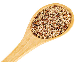 Wooden spoon filled with mixed quinoa grains featuring white, red, and black seeds, isolated on a transparent background. Ideal for healthy food and nutrition concepts.