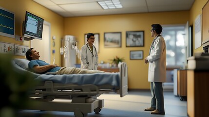 A Patient Lying In A Hospital Bed With Two Doctors Standing Beside It