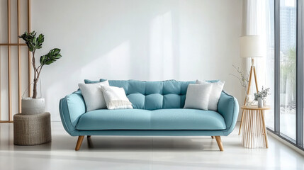 sofa in spacious room against blank white wall with copy space Scandinavian interior design of modern living room