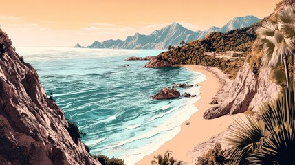 Obraz premium Pixelated Coastal Scene Secluded Cove Between Rugged Cliffs at Sunset