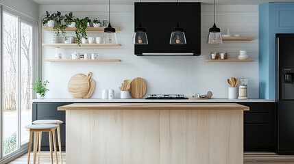 minimalist kitchen blue tone and chair