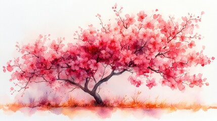 Delicate Pink Cherry Blossom Tree in Soft Pastel Watercolor Style