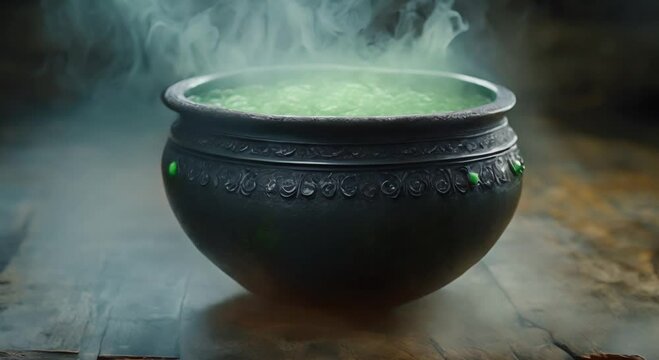 A mystical cauldron filled with bubbling green potion, emitting steam, set on a rustic wooden table