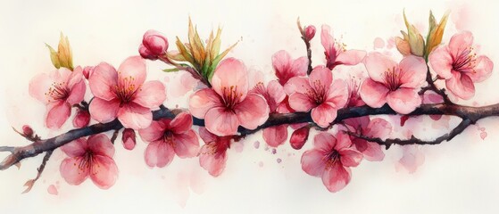 Fototapeta premium Delicate Cherry Blossom Branch with Vibrant Pink Flowers and Buds