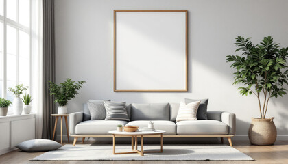 a gray sofa with striped pillows, a coffee table, and a large window with white curtains. Cozy modern living room with photo frame design