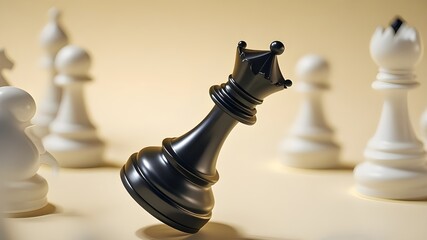 Black and white queen chess piece isolated on pastel yellow background. Chess game figurine. Chess pieces. Board games