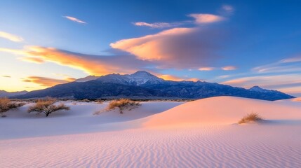 White Sands sunset with mountains and cloudscape; desert landscape for travel and nature publications