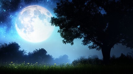Fototapeta premium Serene Night Scene Full Moon Over Grassland and Tree