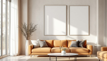 a large window with white curtains, a comfortable brown couch with two throw pillows, and two blank white picture frames on the wall above the couch. Cozy modern living room with photo frame design