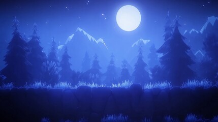Serene Night Scene Moonlit Forest and Mountains