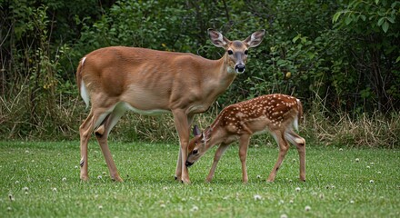 Fototapeta premium Whitetail Deer Doe and Fawn in Green Meadow