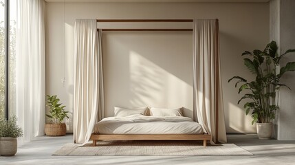 Cozy Inviting Bedroom with Soft Curtains Draped Elegantly Around a Plush Bed Accentuated by Decorative Pillows Creating a Relaxing Atmosphere for Rest and Tranquility in a Stylish Retreat