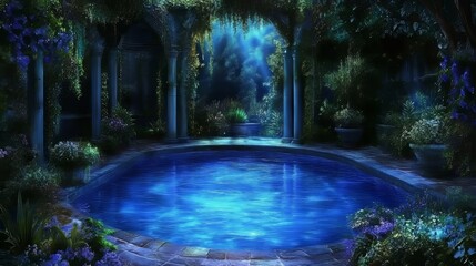 Obraz premium Serene Nighttime Pool in Enchanting Garden Pavilion