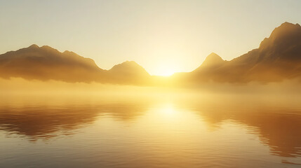 Fototapeta premium Calm lake at sunrise with golden light shimmering on the water, soft mist over the lake, mountain silhouette in the background