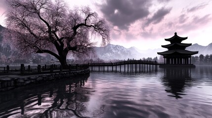 Obraz premium Serene Pagoda Lake with Blossoming Tree and Bridge