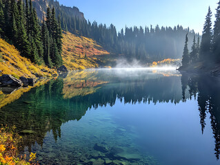 Fototapeta premium Crystal-clear lake nestled in a forest, vibrant autumn foliage reflected on the water’s surface, fog gently rising