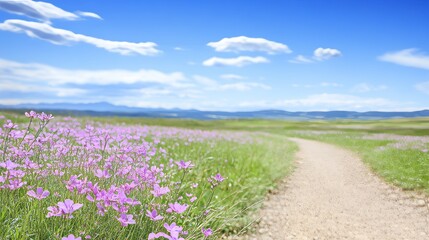 Serene Path Through Wildflower Meadow Under Blue Sky
