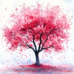 Fototapeta premium Vibrant Cherry Blossom Tree in Full Bloom with Pink Petals Floating
