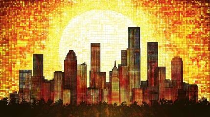 Obraz premium Fiery Sunset Silhouette of a Modern City Skyline