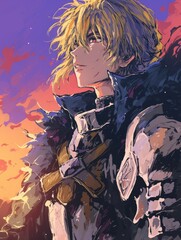 Obraz premium Blonde haired warrior gazes at a sunset sky
