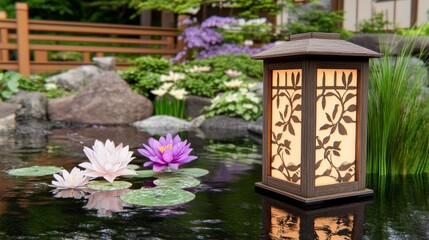 Serene Pond Garden with Illuminated Lantern and Water Lilies