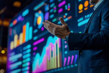 Businessman delivers financial analysis presentation at conference with interactive graphs