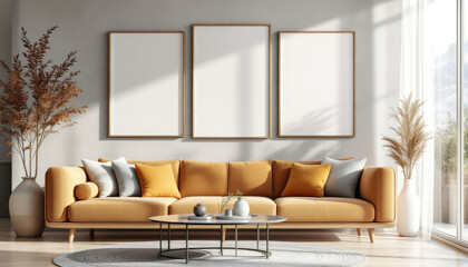 a large orange couch with three throw pillows, a glass coffee table, and two large white picture frames on the wall above the couch. Cozy modern living room with photo frame design