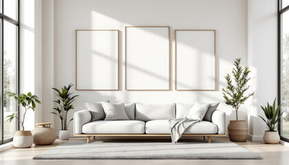 a white sofa with three blank picture frames on the wall above it, two potted plants on either side of the sofa, and a gray rug on the floor. Cozy modern living room with photo frame design