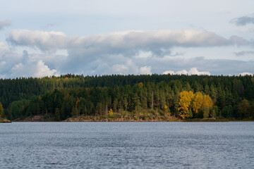 Lake Ladoga near the village Lumivaara on a sunny autumn day, Ladoga skerries, Lakhdenpokhya, Republic of Karelia, Russia