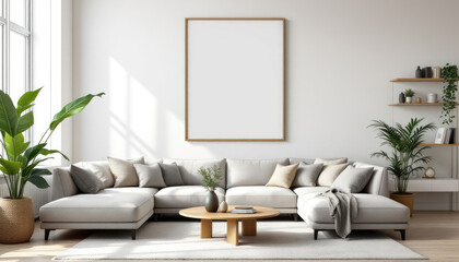 a large white sectional sofa with multiple pillows, a wooden coffee table, and a large window that allows natural light to fill the space. Cozy modern living room with photo frame design