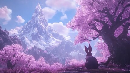 Serene Rabbit Amidst Pink Blossoms and Snowy Peaks