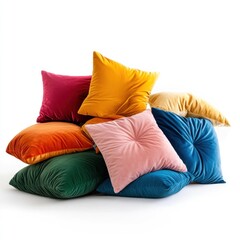 Colorful velvet pillows arranged on white background. Home decor, interior design