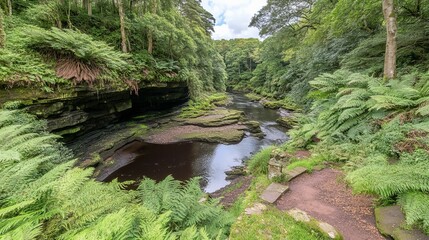 Fototapeta premium Serene River Gorge, Lush Green Ferns, Rocky Banks