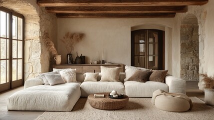 Fototapeta premium Cozy and Inviting Living Room Featuring a Spacious White Couch Surrounded by Warm Decorative Accents and Soft Ambient Lighting Creating a Relaxing and Comfortable Atmosphere for Gatherings