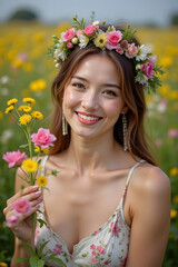 Fototapeta premium Smiling young asian female in flowered dress holding daisies in a vibrant meadow