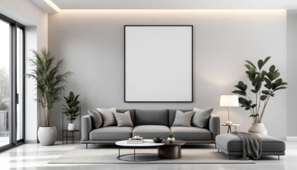 a gray sofa with three throw pillows, a coffee table, and two potted plants. Cozy modern living room with photo frame design