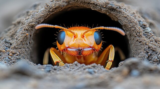 Orange wasp nest entrance ground macro