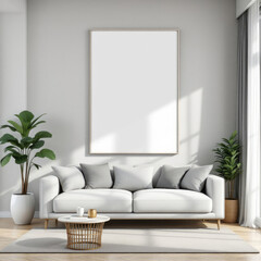 a white sofa with gray pillows, a coffee table, and a large blank picture frame on the wall above the sofa. Cozy modern living room with photo frame design