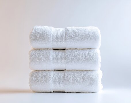 Stack of three neatly folded white fluffy bath towels on white background.